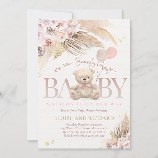 Bohoテディベアガールピンク真珠の待ち赤ちゃんシャワー 招待状 (正面)