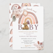 Bohoテディベアガールピンク真珠の待ち赤ちゃんシャワー 招待状 (正面/裏面)