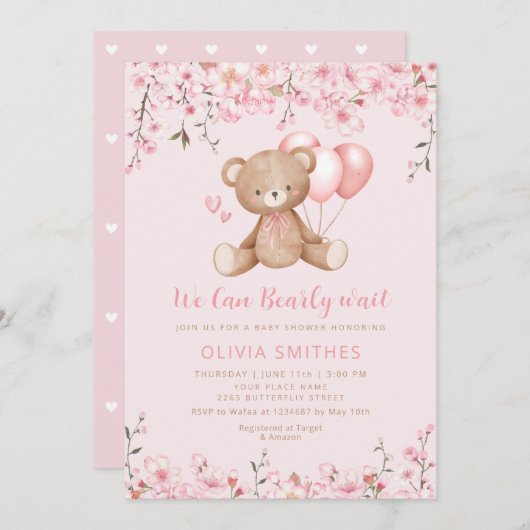 Bohoテディベアガールピンク真珠の待ち赤ちゃんシャワー 招待状 (正面/裏面)
