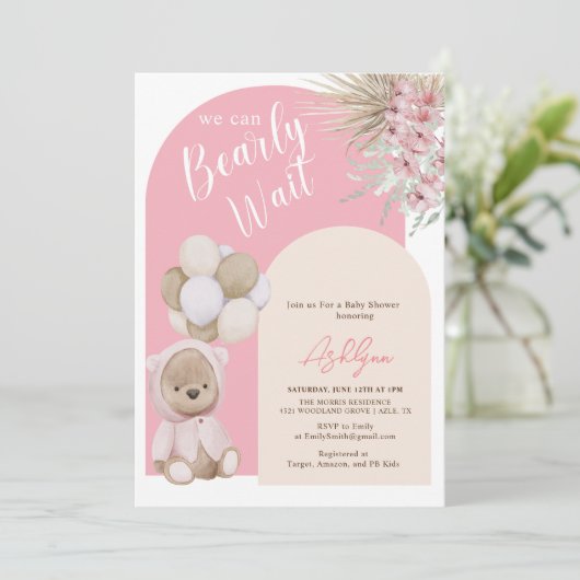 Bohoテディベアガールピンク真珠の待ち赤ちゃんシャワー 招待状 (スタンド正面)