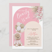 Bohoテディベアガールピンク真珠の待ち赤ちゃんシャワー 招待状 (正面/裏面)
