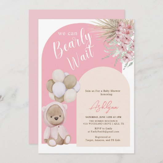 Bohoテディベアガールピンク真珠の待ち赤ちゃんシャワー 招待状 (正面/裏面)