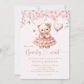 Bohoテディベアガールピンク真珠の待ち赤ちゃんシャワー 招待状 (正面)