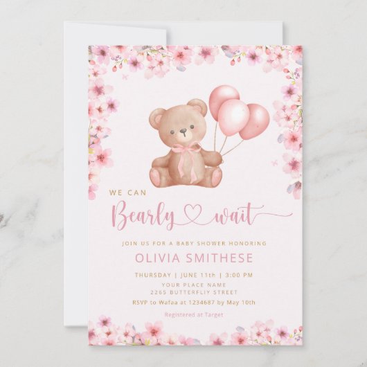 Bohoテディベアガールピンク真珠の待ち赤ちゃんシャワー 招待状 (正面)