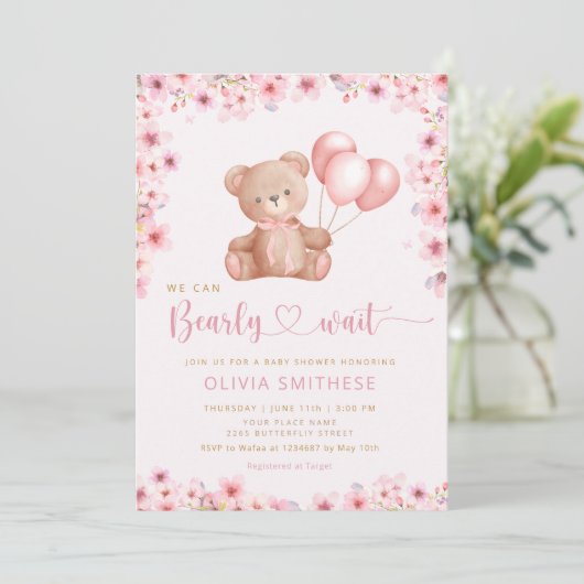 Bohoテディベアガールピンク真珠の待ち赤ちゃんシャワー 招待状 (スタンド正面)