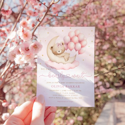 Bohoテディベアガールピンク真珠の待ち赤ちゃんシャワー 招待状