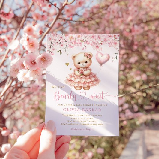Bohoテディベアガールピンク真珠の待ち赤ちゃんシャワー 招待状