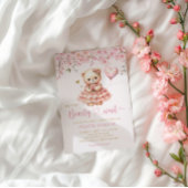 Bohoテディベアガールピンク真珠の待ち赤ちゃんシャワー 招待状