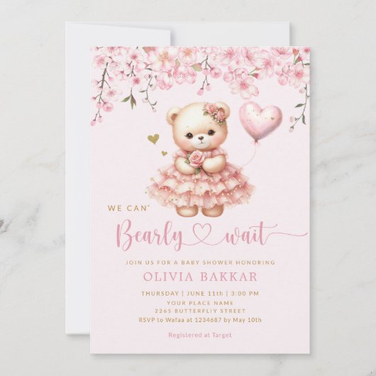 Bohoテディベアガールピンク真珠の待ち赤ちゃんシャワー 招待状 (正面)