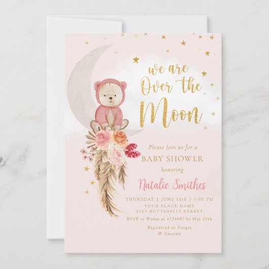 Bohoテディベアガールピンク真珠の待ち赤ちゃんシャワー 招待状 (正面)