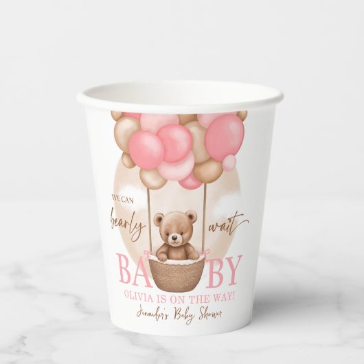 Bohoテディベアガールピンク真珠の待ち赤ちゃんシャワー 紙コップ (正面)