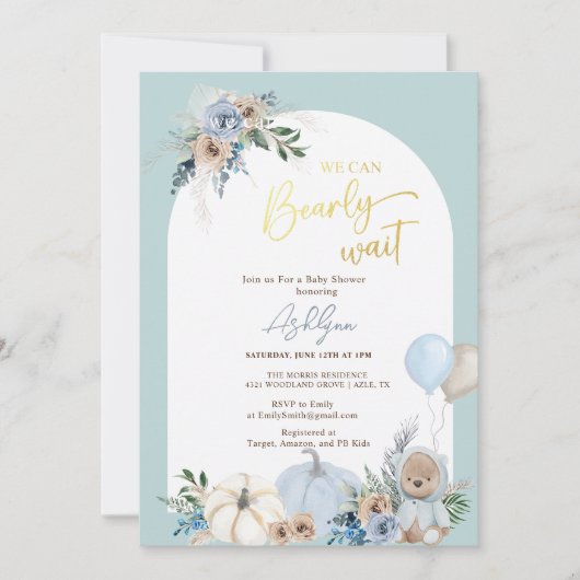 Bohoテディベアパンプキンボービーバーベビーシャワー 招待状 (正面)