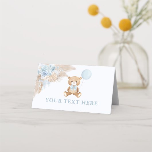 Bohoテディベアブルーバルーンフードテント プレイスカード (正面)