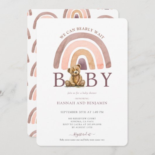 Bohoテディベアレインボーガールピンク赤ちゃんシャワー 招待状 (正面/裏面)