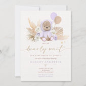 Bohoテディベアーガール薄紫真珠待機赤ちゃんシャワー 招待状 (正面)