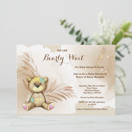 Bohoテディベア心待ちベビーシャワー 招待状 (スタンド正面)