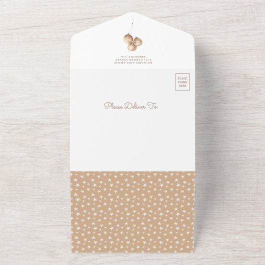 Bohoテディベア茶色のバルーンフローラ赤ちゃんシャワー オールインワン招待状 (外側)