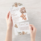 Bohoテディベア茶色のバルーンフローラ赤ちゃんシャワー オールインワン招待状 (貼ってはがせる)