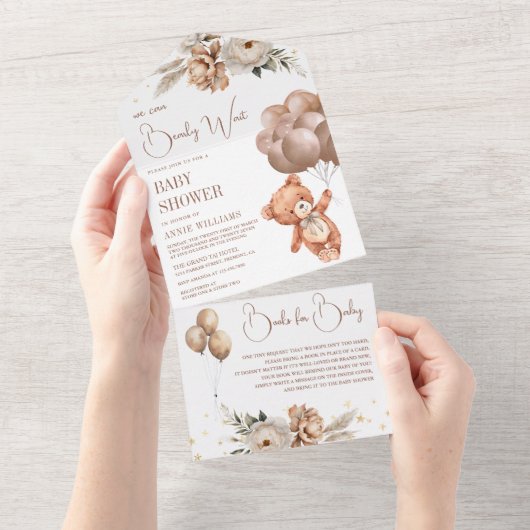 Bohoテディベア茶色のバルーンフローラ赤ちゃんシャワー オールインワン招待状 (貼ってはがせる)