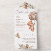 Bohoテディベア茶色のバルーンフローラ赤ちゃんシャワー オールインワン招待状 (内側)