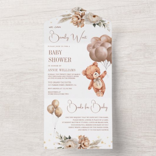 Bohoテディベア茶色のバルーンフローラ赤ちゃんシャワー オールインワン招待状 (内側)