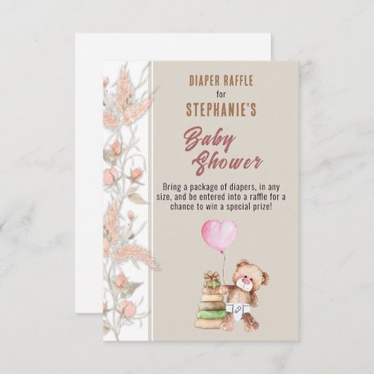 Bohoテディベア赤ちゃんシャワーおむつラッフル エンクロージャーカード (正面/裏面)