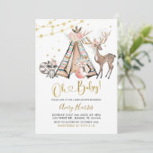 Bohoテペピンクフローラウッドランドベビーシャワーインバート 招待状 (スタンド正面)