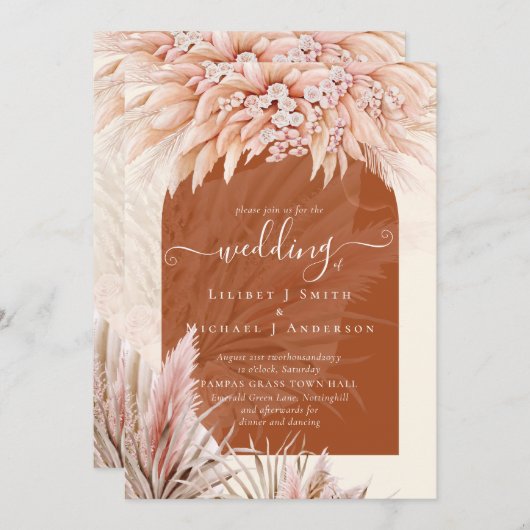 BOHOテラコッタコーラルパンパスグラス結婚ズ 招待状 (正面/裏面)