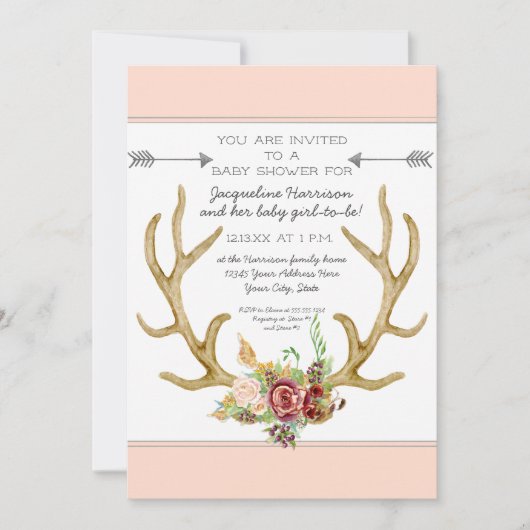 BOHOディアアントラー赤面フローラベビーガールシャワー 招待状 (正面)