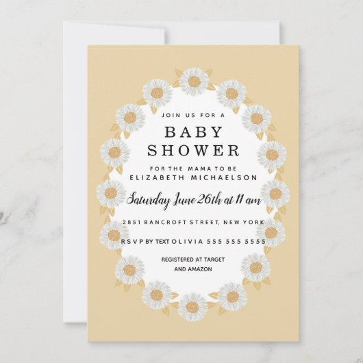 Bohoデイジーイエローベビーガールベビーシャワー 招待状 (正面)