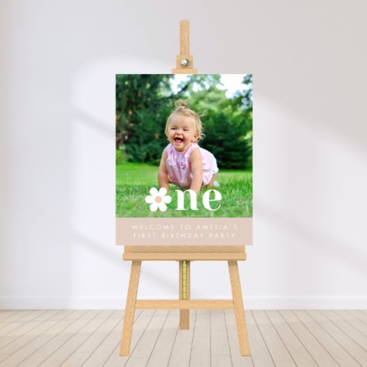 Bohoデイジー最初の誕生日フォトウェルカムサイン ポスター