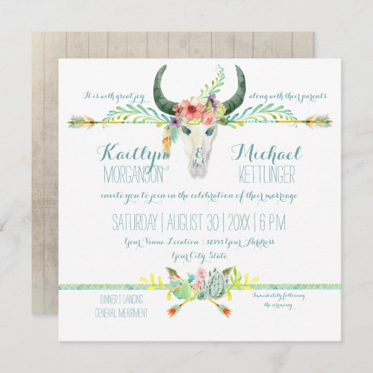 BOHOデザートサウスウエストウッドフローラ牛スカル矢印 招待状 (正面/裏面)