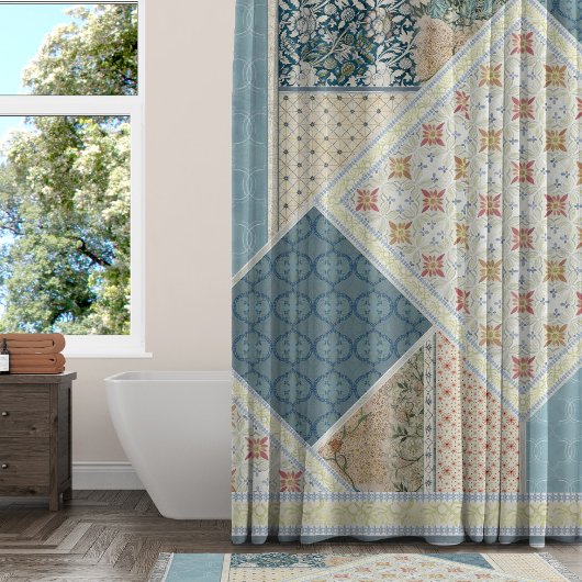 BOHOトライバルウォーター色フローラウィリアムモリスブルー シャワーカーテン