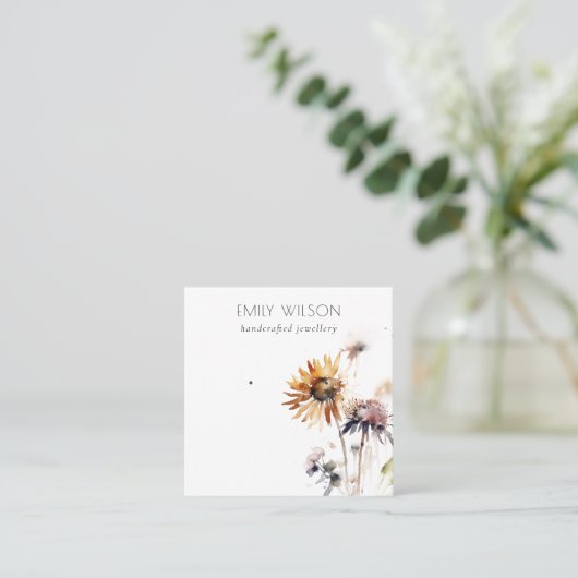 Bohoドライワイルドフラワーの水彩イヤリングディスプレイ スクエア名刺 (スタンド正面)
