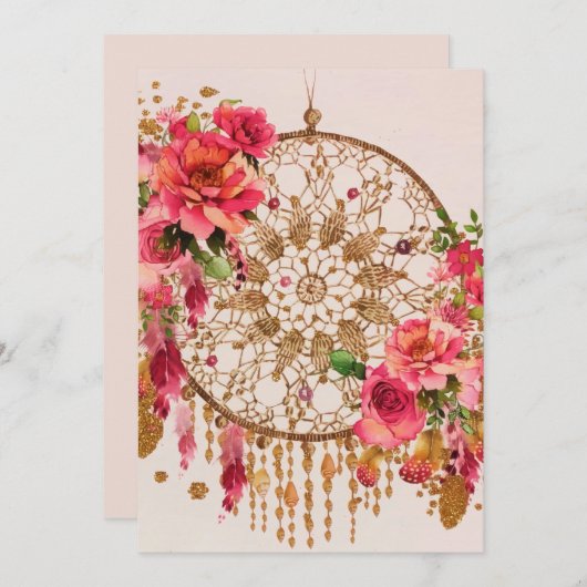 Bohoドリームキャッチャーピンク金ゴールドフローラ水彩 シーズンカード (正面/裏面)