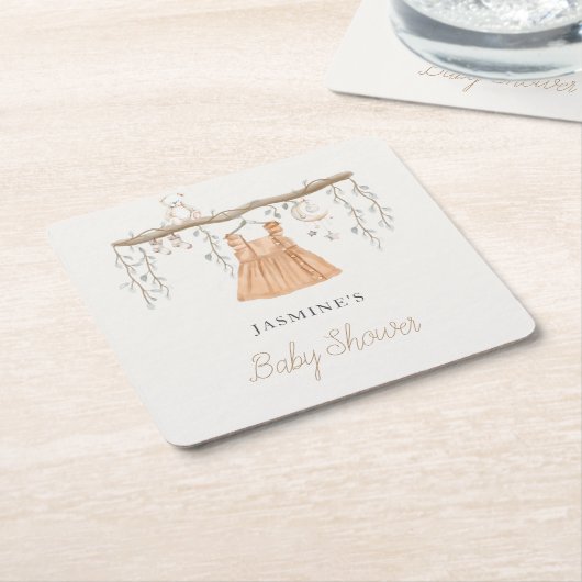 Bohoドレス服女の子ベビーシャワー スクエアペーパーコースター (アングル)