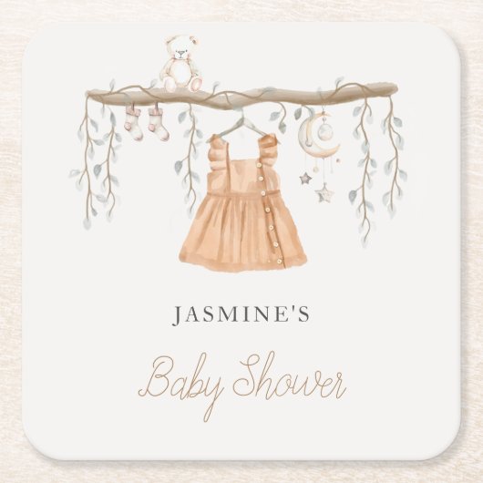 Bohoドレス服女の子ベビーシャワー スクエアペーパーコースター (正面)