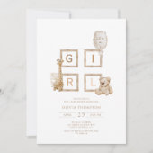 Bohoニュートラルウッドブロックレターガールシャワー 招待状 (正面)