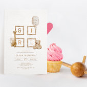 Bohoニュートラルウッドブロックレターガールシャワー 招待状