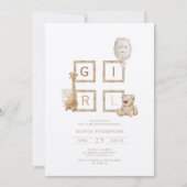 Bohoニュートラルウッドブロックレターガールシャワー 招待状 (正面)