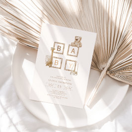 Bohoニュートラルウッドブロックレターベビーシャワー 招待状