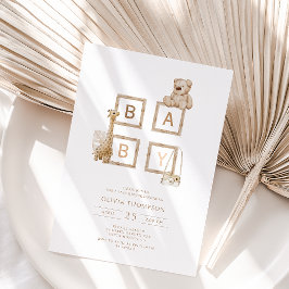 Bohoニュートラルウッドブロックレターベビーシャワー 招待状