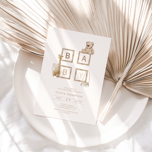 Bohoニュートラルウッドブロックレターベビーシャワー 招待状