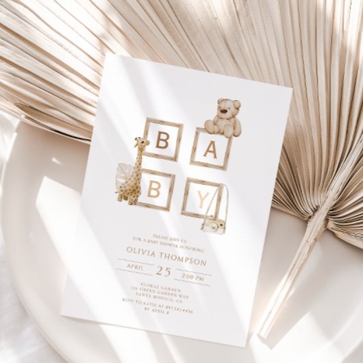 Bohoニュートラルウッドブロックレターベビーシャワー 招待状