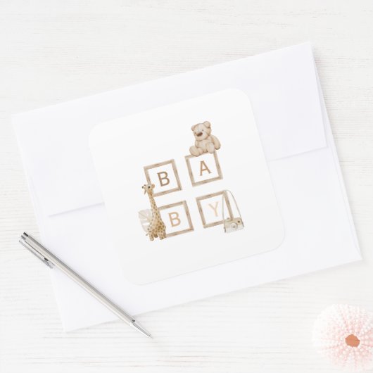 Bohoニュートラルウッドブロック文字 スクエアシール (封筒)