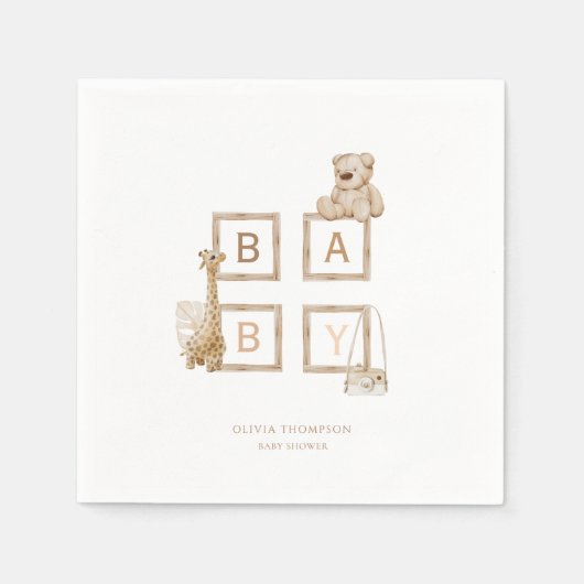 Bohoニュートラルウッドブロック文字 スタンダードカクテルナプキン (正面)