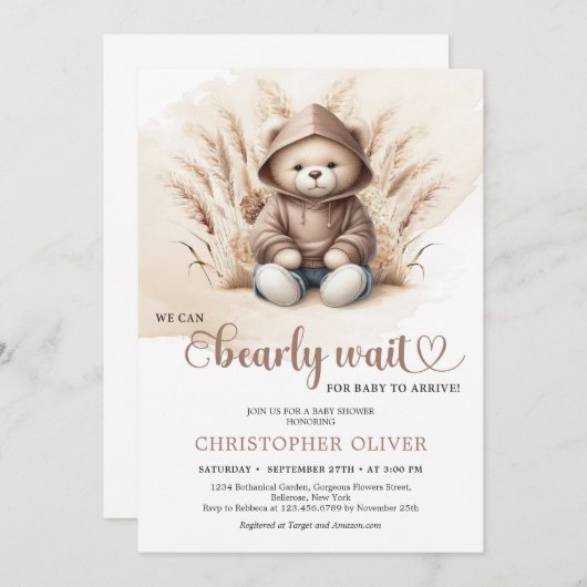 Bohoニュートラルテディベアのスウェットシャツパンパスグラス 招待状 (正面/裏面)