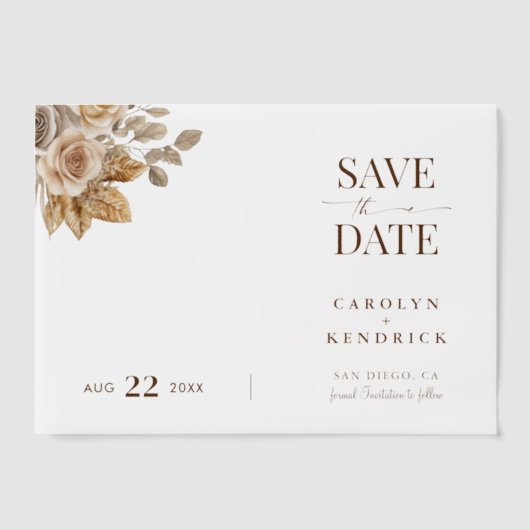Bohoニュートラルフローラエレガントな結婚式の日付を保存 ベラム紙招待状 (正面)