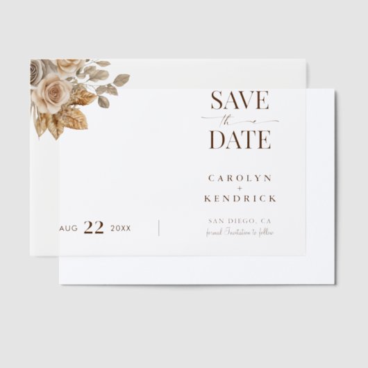 Bohoニュートラルフローラエレガントな結婚式の日付を保存 ベラム紙招待状 (オフセット)