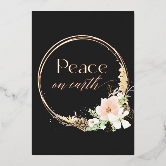 Bohoニュートラルフローラ実在金ゴールド写真クリスマス 箔招待状 (正面)